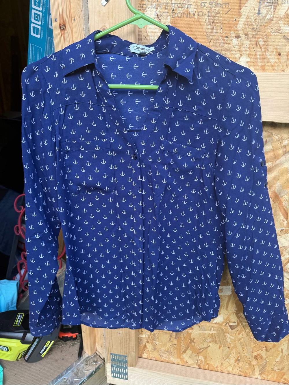 Express Navy Anchor Print Women's Button-Up Shirt